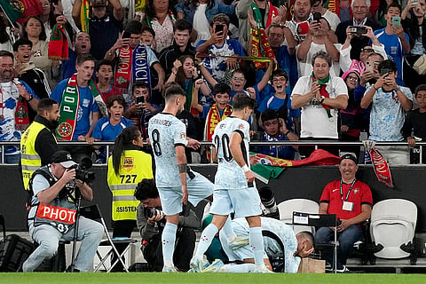 2024-25 Nations League Football Portugal vs Croatia: Portugal's Cristiano Ronaldo, right, celebrates after scoring his side's second goal 